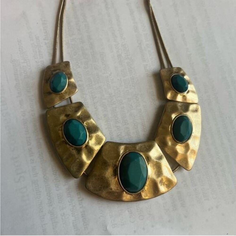 Vintage Estate Large Egyptian Style Gold Teal Green Stone Statement Necklace D3